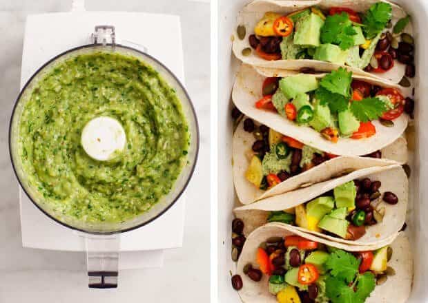 Roasted Vegetable Tacos with Creamy Avocado Tomatillo Salsa / loveandlemons.com